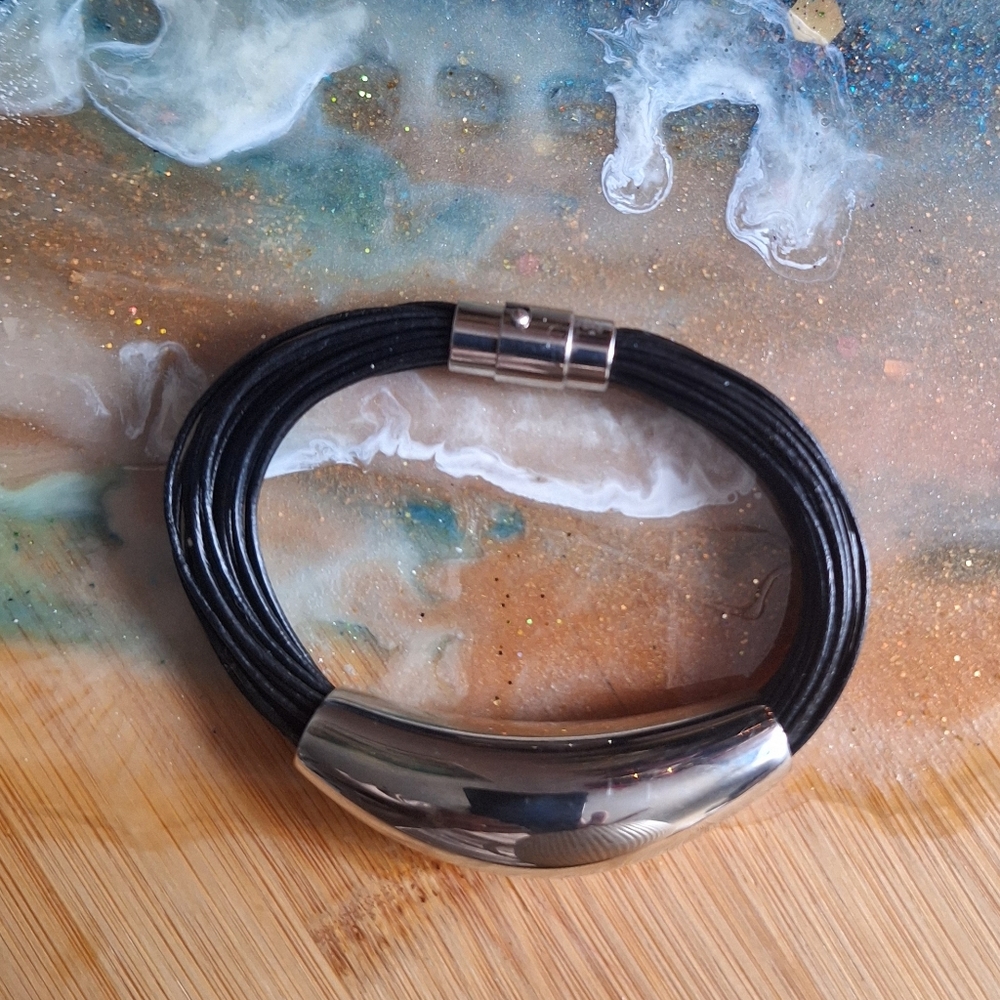 Emma Skye DSMK Multi Strand Stainless Steel Black Leather